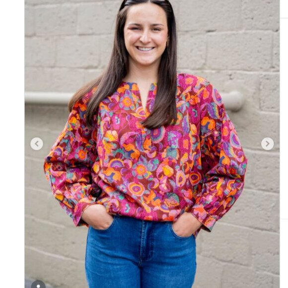 Ivy Jane Poetry In Motion Blouse Balloon Sleeves Fall Floral Colorful Boho Sz L - Picture 2 of 7